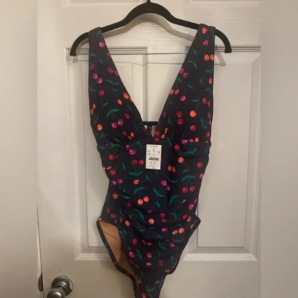 NWT J. Crew Navy Swimsuit with Cherry Print, Lg - Picture 3 of 11
